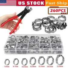 260/100PCS Single Ear Hose Clamp Crimp Stepless Cinch Rings Crimp Assortment Kit