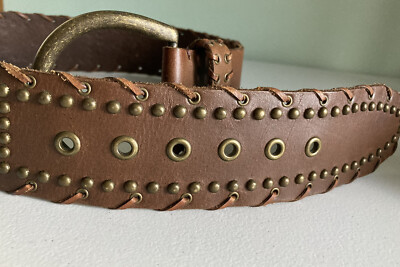 Express Women's Wide Genuine Leather Brass Studded Belt Express Women's Wide Genuine Leather Brass Studded Belt