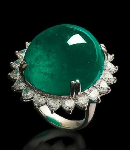 Oval Cabochon 60 CT Green Emerald Ring Surrounded by A Frame Of Trillion Cut CZ - Picture 2 of 4