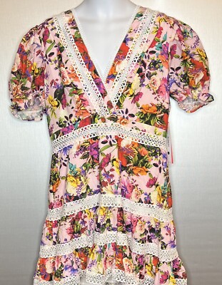 NWT $128 Beautiful aqua + mary katrantzou floral lace trim dress Woman s Size L