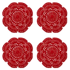 8 Inch Doilies Crochet Round Lace Red Handmade Cotton Coasters, Pack Of 4