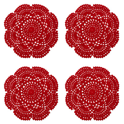 8 Inch Doilies Crochet Round Lace Red Handmade Cotton Coasters, Pack Of 4