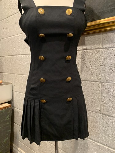 Vintage 1990's Bebe Mini Dress Black with ruffle skirt and gold buttons (4) - Picture 2 of 11
