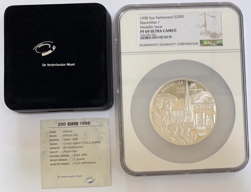 1998 Netherlands 5oz Bi-Metallic Wien-Maximilian I NGC PF-69 UCAM