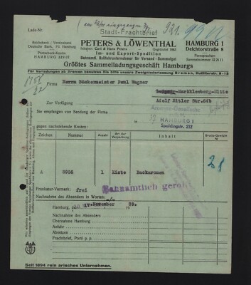 HAMBURG, Rechnung 1939, Peters & Löwenthal Spedition Bahnamtlicher Rollfuhrunter