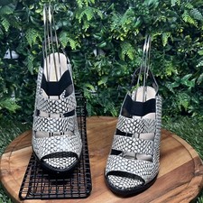 NINE WEST Heels Women 9 Black White Snake Print Open Toe Sling back 2108