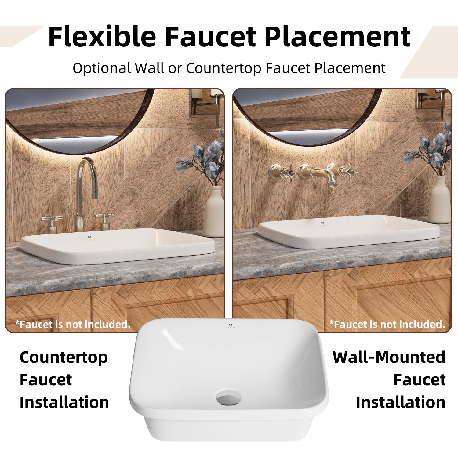 20 x 15 Inch Drop-In Bathroom Sink, White Ceramic Semi-Recessed Sink with Drain