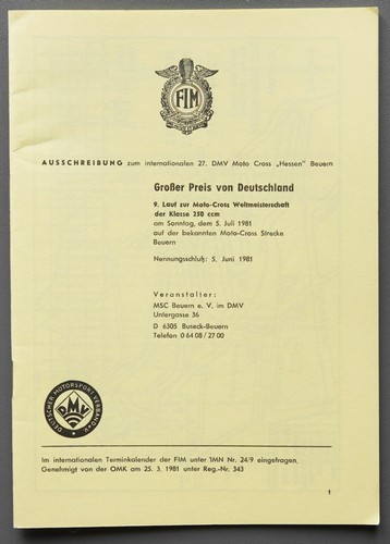 Ausschreibung Motorrad Moto Cross Großer Preis von Deutschland Beuern 1981