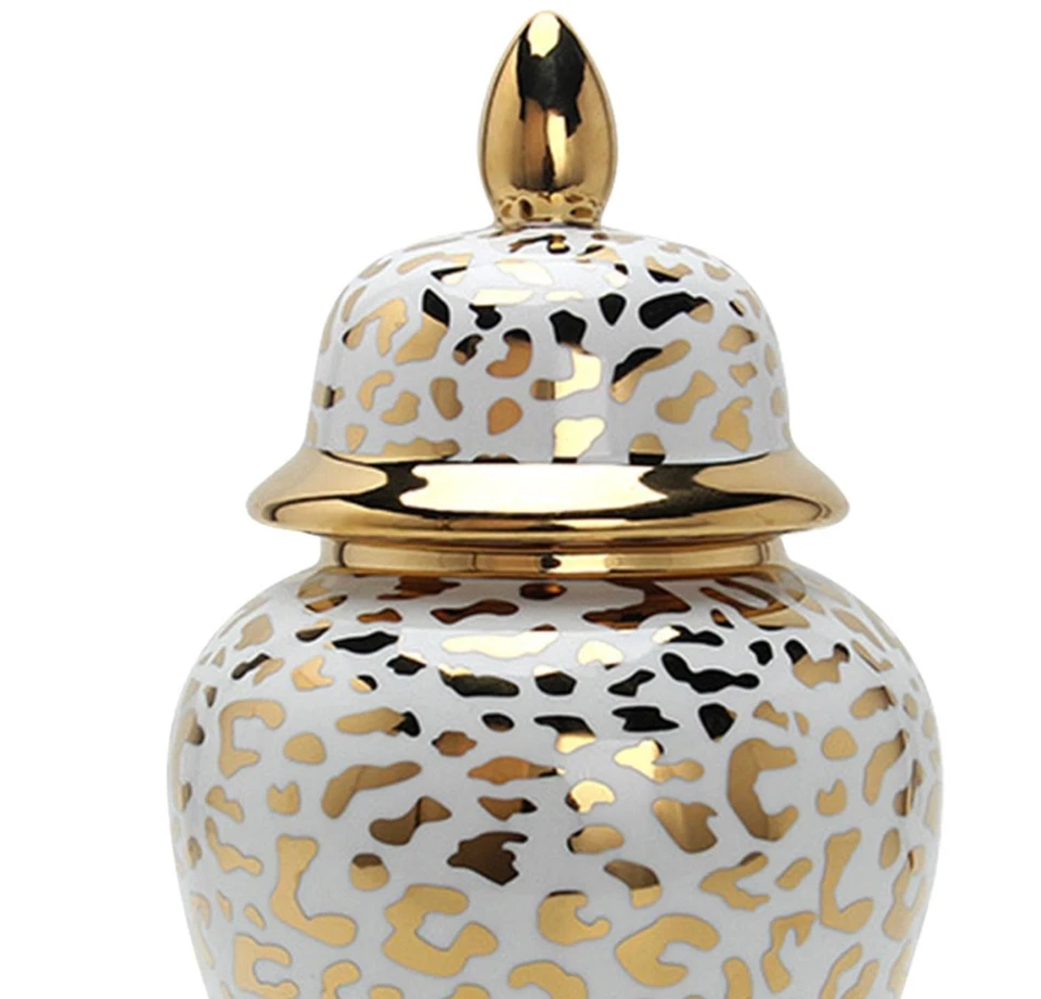 GODINGER PORCELANA JARRÓN GRANDE TARRO CENTRO DE MESA DORADO ESTAMPADO LEOPARDO CON TAPA 18" NUEVO Foto 2 de 4