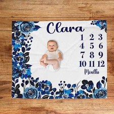 Custom Dark Blue Floral Baby Milestone Blanket - Personalized Nursery Growth