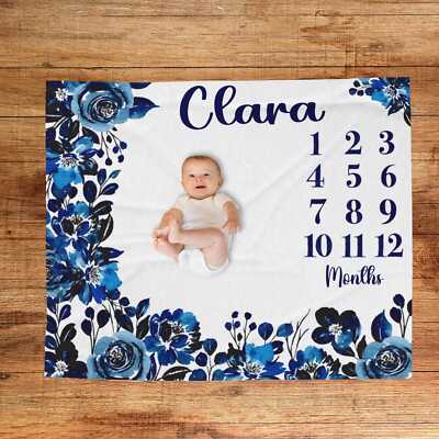 Custom Dark Blue Floral Baby Milestone Blanket - Personalized Nursery Growth 