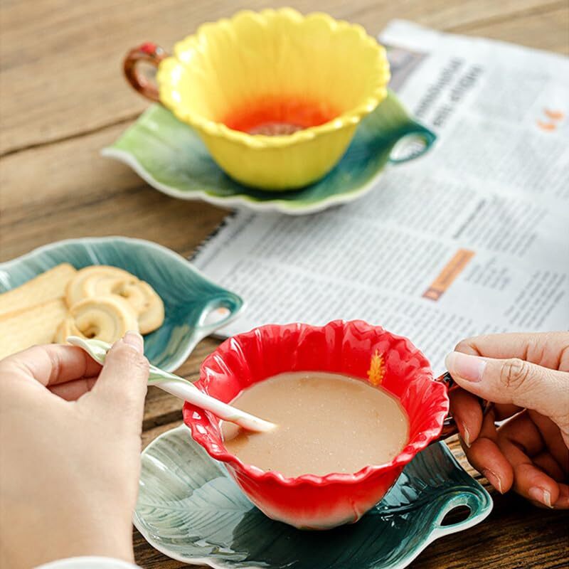 Hibiscus Flower Tea Cup and Saucer Set 6 Oz Enamel Flower