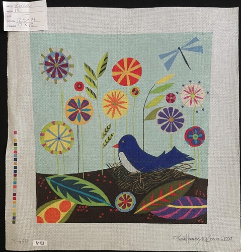 HP Needlepoint 18ct ZECCA DESIGNS Blue Bird on nest with Fanciful Flowers-MK3
