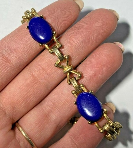 Vintage Scarab Style Moonglow Glass Blue Cabochon Gold tone Bow Bracelet 3k 16 - 第 3/4 張圖片