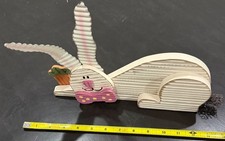 Rustic Wooden Easter Bunny Shelf Sitter Pink Bow Striped Ears 18” Long Table Dec