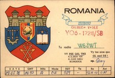 QSL radio card YO6-17211/SB 1978 Sibu Romania USSR Girny Crest Castle Swords