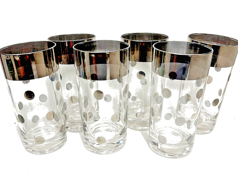 Lot Set 6 Dorothy Thorpe highball Cocktail glasses Silver Rims Polka Dot Pattern