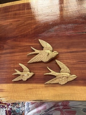 Vintage 1983 Burwood Swallows Set Of 3 Goldtone Wall Plaque Plastic Granny core 
