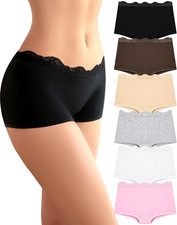 Womens Cotton Boy Shorts Underwear Lace Boxer Briefs 6 Pack Soft Lace Waistban