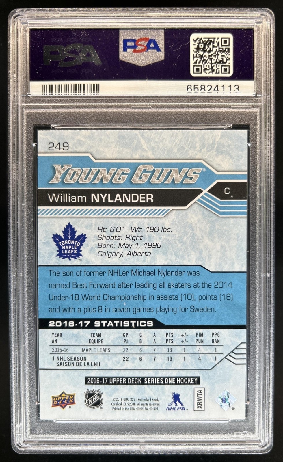 2016-17 Upper Deck William Nylander Rookie Young Guns RC #249 Maple Leafs PSA 10 view 2