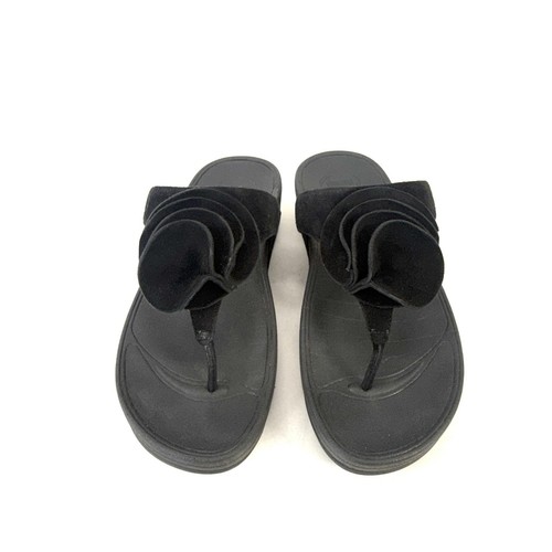 FitFlop Yoko Women's Thong Flower Sandals Black Suede Comfort Wedge Slip On Sz 9 - Picture 3 of 10