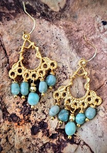 Authentic Amazon's Stone Of Hope Amazonite In Mystical Filligree Gold Plated Earrings