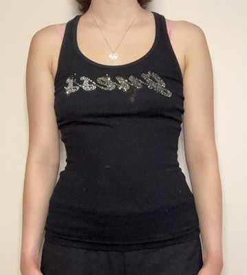 Vintage Guess black racerback tank top with shiny silver rhinestone logo size S