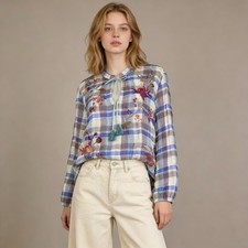 NWOT Johnny Was Embroidered Floral Plaid Silk Cotton Mix Boho Shirt Blouse Sz S