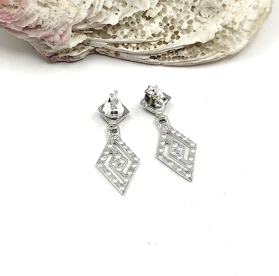 Handmade Greek Key Meander Sterling Silver 925 Stud Earrings with Turquoise - Image 3 of 4