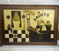 Large N.O. Saints Mixed Media 3D Folk Art Painting Framed 30x42 PoolHall Dog Bar
