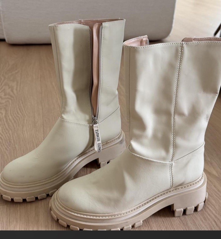 Schutz Juany Beige Leather Mid-Calf Zip Bootie Round Toe Lug Rubber Sole 8.5B