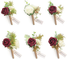 Set of 6 Burgundy  Ivory Foam Rose Boutonnieres with Pins for Men Wedding for G