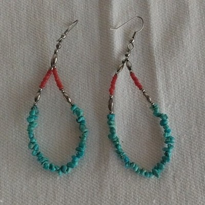 Native American  Turquoise Coral Beaded Dangle Earrings Large 2'' 