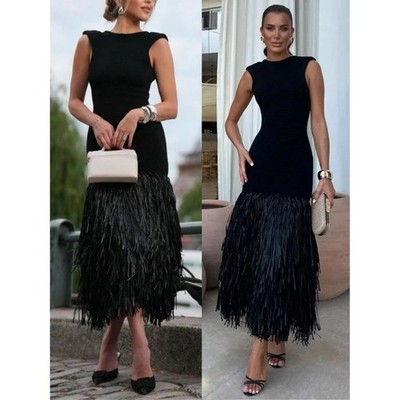 Aje Rushes Raffia Midi Dress Black Ribbed Knit Fringe Size M | eBay