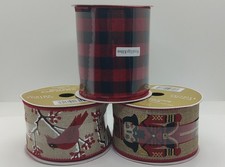 Lot Of 3 Christmas Wire Edge Ribbon 2.5  x25ft Nutcracker Cardinal, Plaid 4"x30ft
