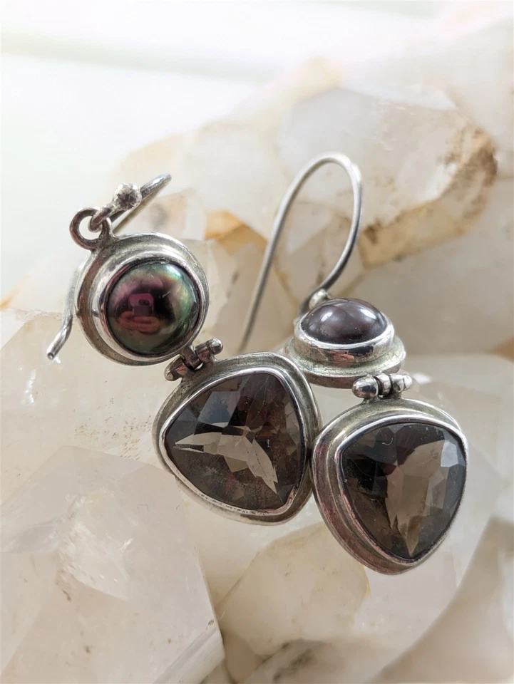 Vintage Solid Sterling Silver Bronze Pearl Smoky Quartz Earrings 4.7 Grams - Image 4 of 4