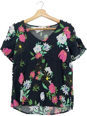 ESPRIT Schlupf-Bluse Damen Bluse Gr. DE 36 schwarz-pink-grün Casual-Look