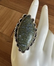 Artisan Ring 7.75 Adjust Rare Green Blue Dino Gembone Sterling 21.7g USA Made
