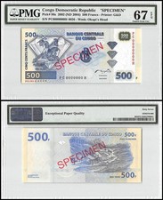 Congo Democratic Republic 500 Francs, 2002-2004, P-96s, Specimen, PMG 67