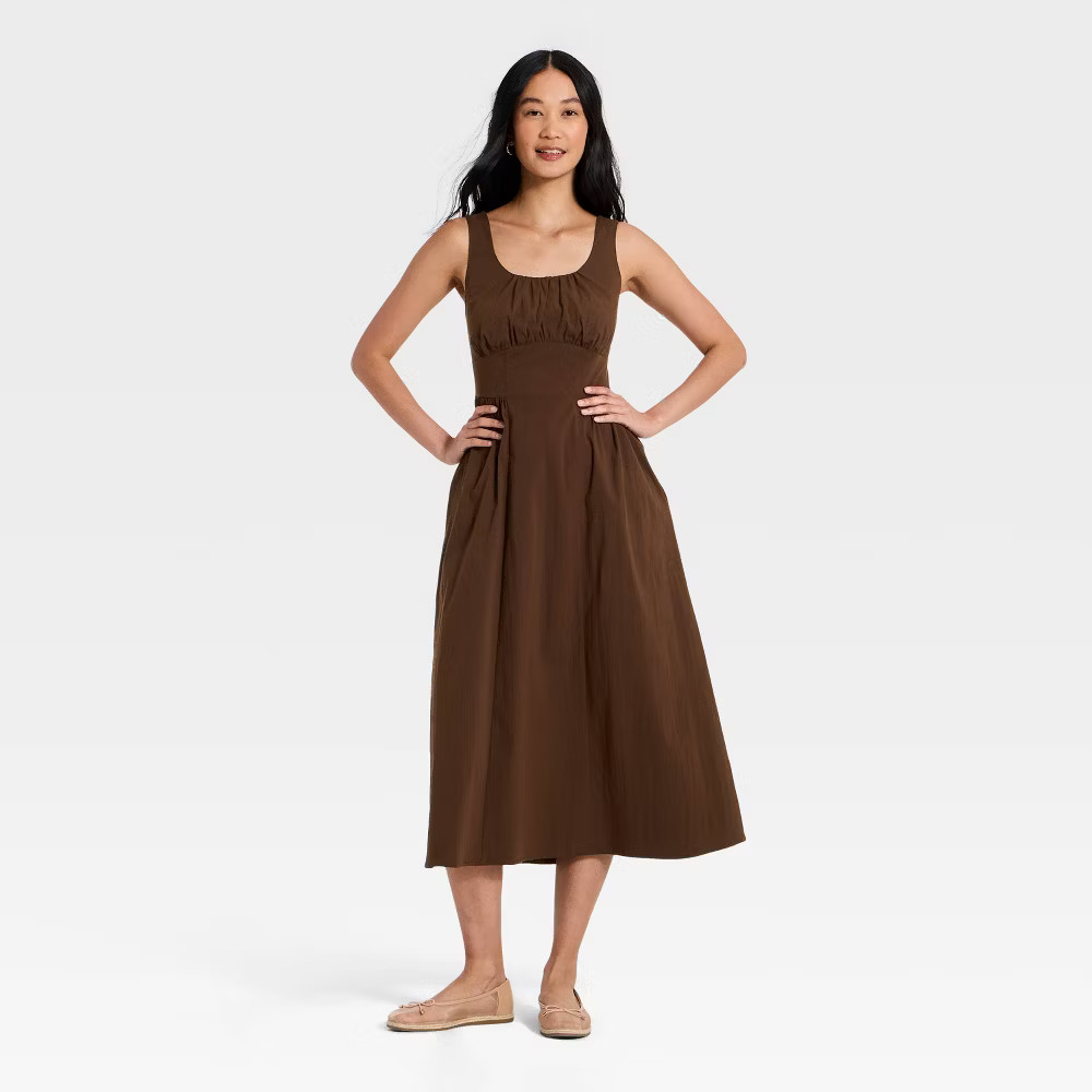 brown smocked midi dress A New Day Women Corset Smock Sleeveless - Ann Demeulemeester minimalist spring style_Unique designed with a flattering Size:4.5 Inch Container