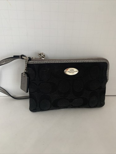 Authentic Coach Black Canvas With Silver Leather trim wristlet evening purse - Picture 1 of 11
