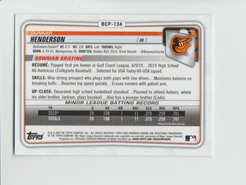 2020 Bowman Chrome #BCP-134 Gunnar Henderson RC Baltimore Orioles - Bild 2 von 2