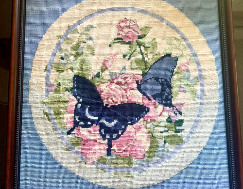 Vtg Boho Hand Embroidered Butterflies Roses Framed Art Work 13x14” Cottage Core - Picture 7 of 14