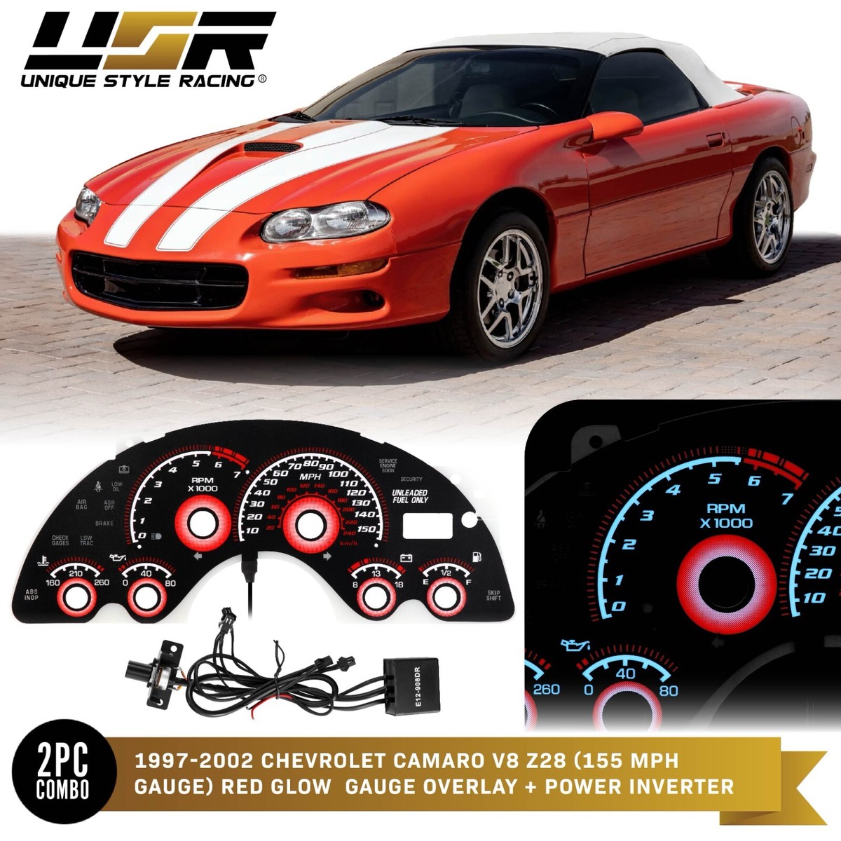 RED Glow Gauge Black Overlay For 97-02 Chevy Camaro V8 155MPH