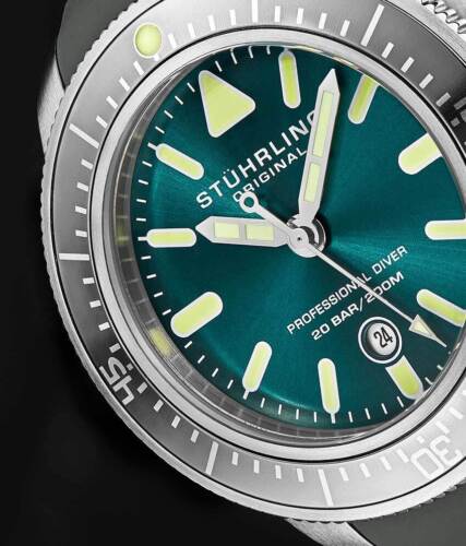 Stuhrling 935 04 Pro Sport Diver Maritimer Grey Rubber Green Dial Mens Watch - Picture 5 of 10