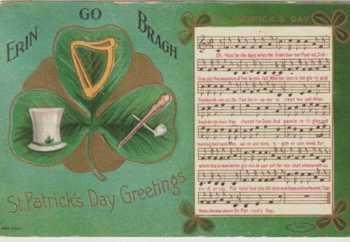 CARTOLINA GIORNO DI SAN PATRIZIO 1909 Musica e Parole, "Erin Go Bragh", Arpa, Cappello a Top - Foto 1 di 2