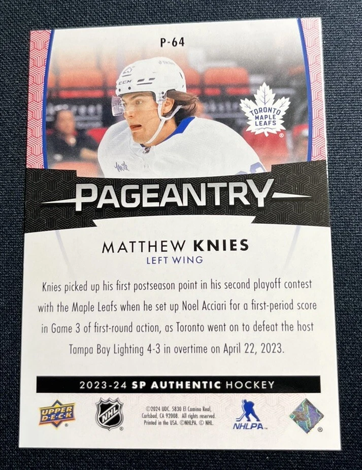 2023-24 SP Authentic Matthew Knies Red Pageantry #P-64 Toronto Maple Leafs - Image 2 of 2