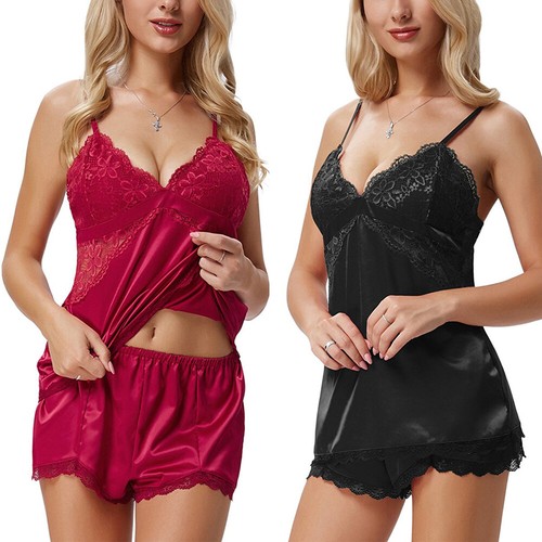 Women Sexy Sleepwear Satin Pajamas Set Lace Camisole Shorts Nightwear US FAST