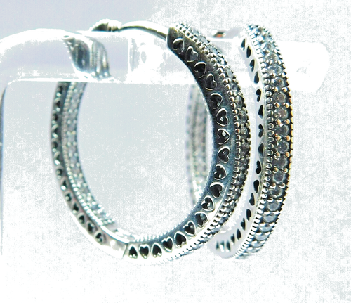 Authentic Pandora Earrings, Silver Large Hearts of Pandora Dangles, #296319CZ - Picture 3 of 3