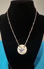 Vintage Sarah Coventry Blue Bird On A Branch Porcelain Gold Tone Necklace Happy